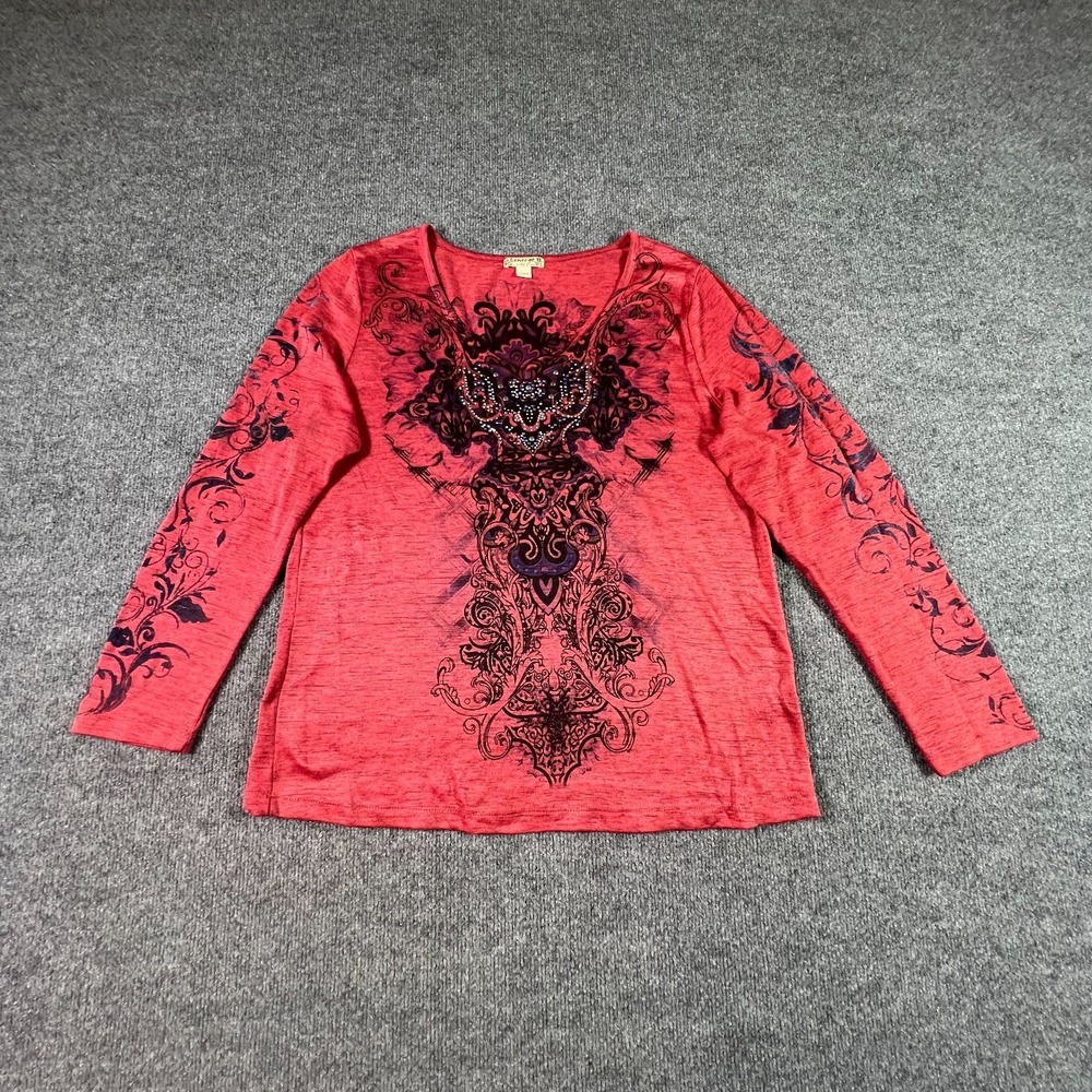 Energe Women's Shirt XL Red Polyester Rhinestone Graphic Party Grunge Stretch